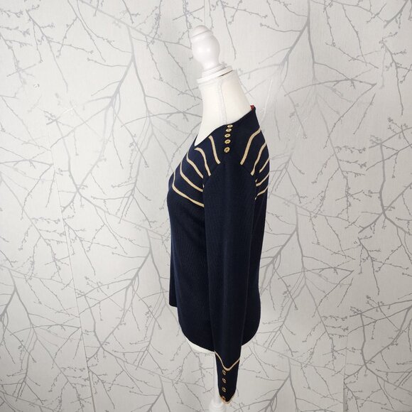 Alain Manoukian Navy Gold Stripe 49% Merino Wool Knit Sweater - Picture 4 of 8